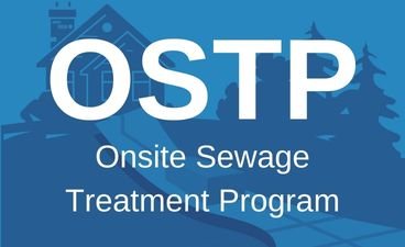 An illustrative house with a chimney has an arrow leading away from the house following a line of pine trees. The arrow leads to a box after which the arrow disperses. White text over image reads "OSTP, Onsite Sewage Treatment Program".
