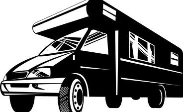 Black and white illustrated image of retro motor home.